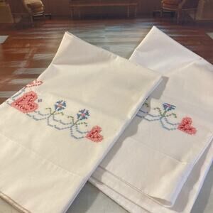 Vintage 70s Pillowcases (2) w/Hearts and Flowers (Cross-Stitch)